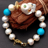 YYGEM Natural Pearl Turquoise Bracelet with CZ Pave Beads 8''