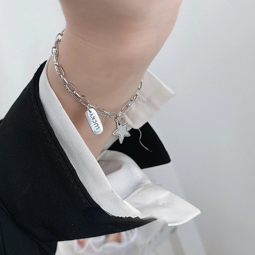 Sterling Silver Bracelet for Girls Double Layer Pentagram Chain Punk Jewelry