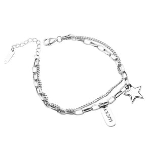 925 Silver Double Layer Bracelet for Women, Pentagram Chain Hip Hop Jewelry Gift