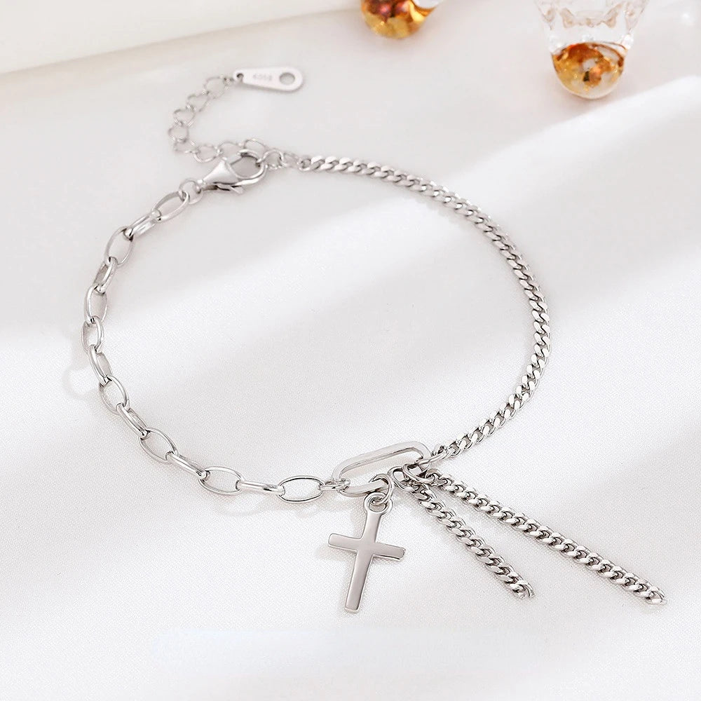 Vintage Cross Tassel 925 Silver Bracelet for Girls Punk Jewelry