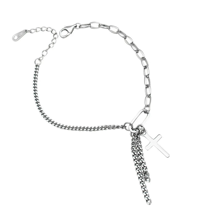 Vintage Cross Tassel 925 Silver Bracelet for Girls Punk Jewelry