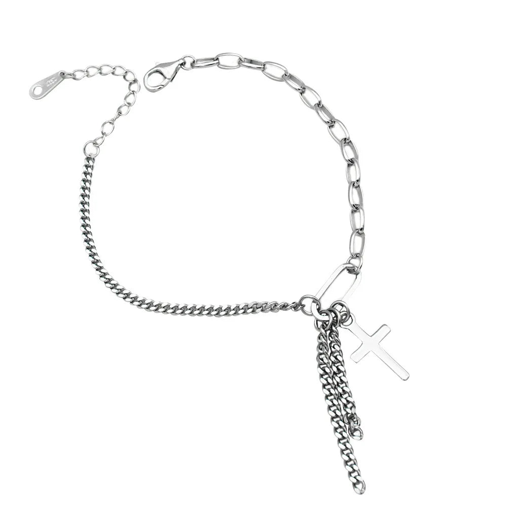 Vintage Cross Tassel 925 Silver Bracelet for Girls Punk Jewelry