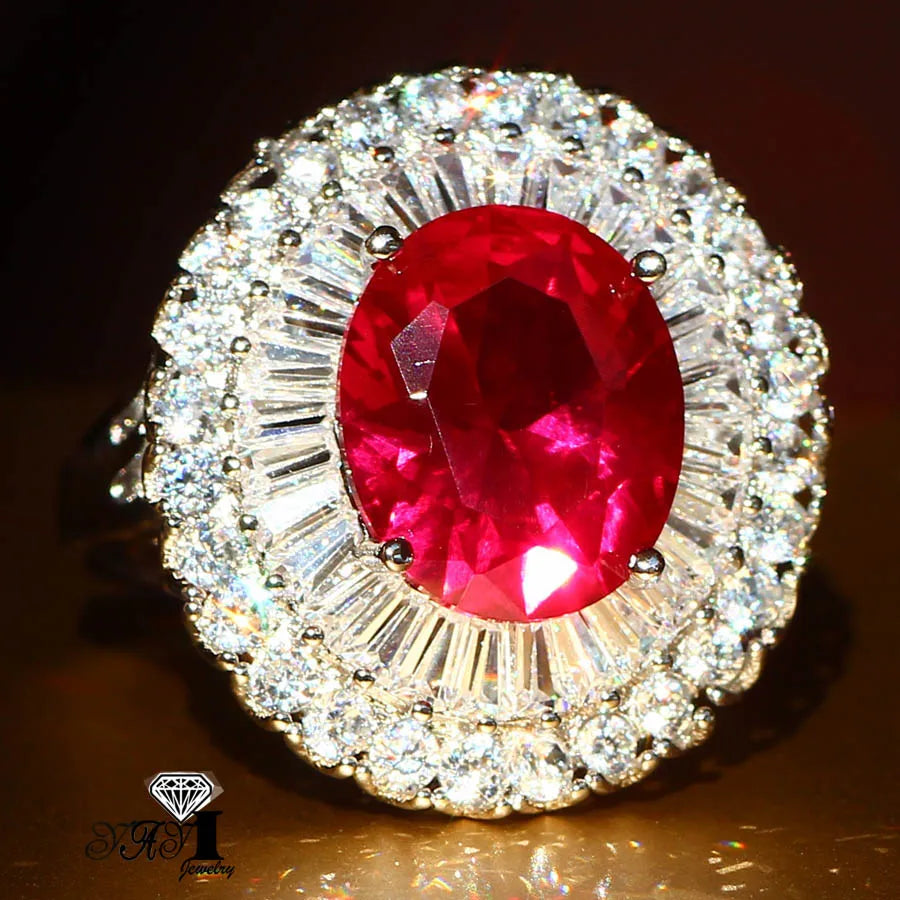 Princess Red Corundum Ruby Zircon Silver Engagement Party Ring