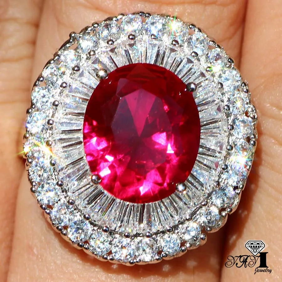 Princess Red Corundum Ruby Zircon Silver Engagement Party Ring