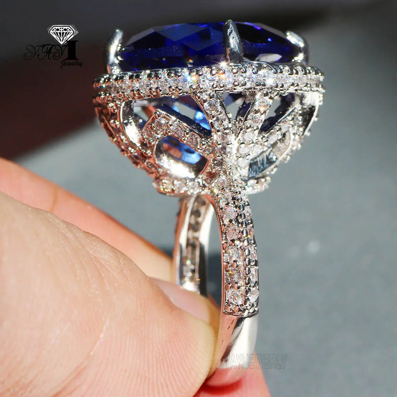 YaYI Huge Sapphire Zircon Silver Heart Ring 705