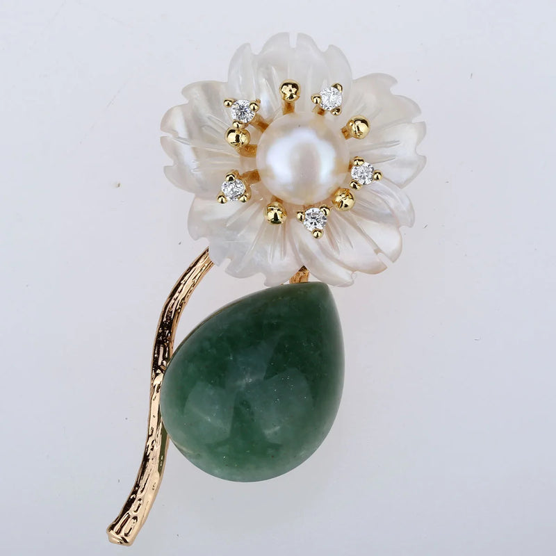 Womens Pearl Aventurine Flower Pin Brooch Pendant 2-in-1 Jewelry