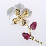 Pearl Red Glazes CZ Shell Flower Pin Brooch Pendant Jewelry