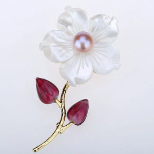 Pearl Red Glazes CZ Shell Flower Pin Brooch Pendant Jewelry