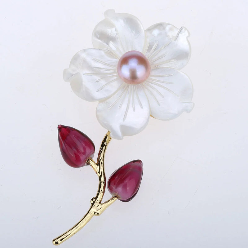 Pearl Red Glazes CZ Shell Flower Pin Brooch Pendant Jewelry