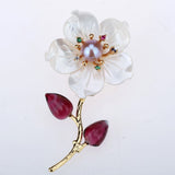Pearl Red Glazes CZ Shell Flower Pin Brooch Pendant Jewelry