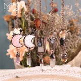 Natural Smoky Quartz Moon Pendant Necklace Antique Bronze