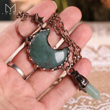 Natural Smoky Quartz Moon Pendant Necklace Antique Bronze