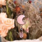 Natural Smoky Quartz Moon Pendant Necklace Antique Bronze