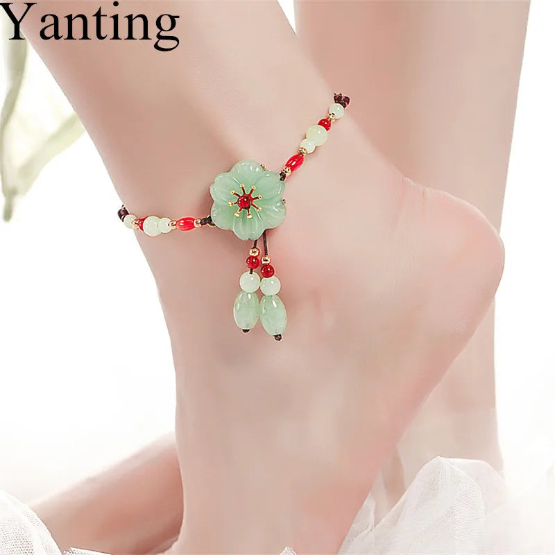 Bohemian Glass Glazed Flower Anklets Natural Stone Beach Jewelry