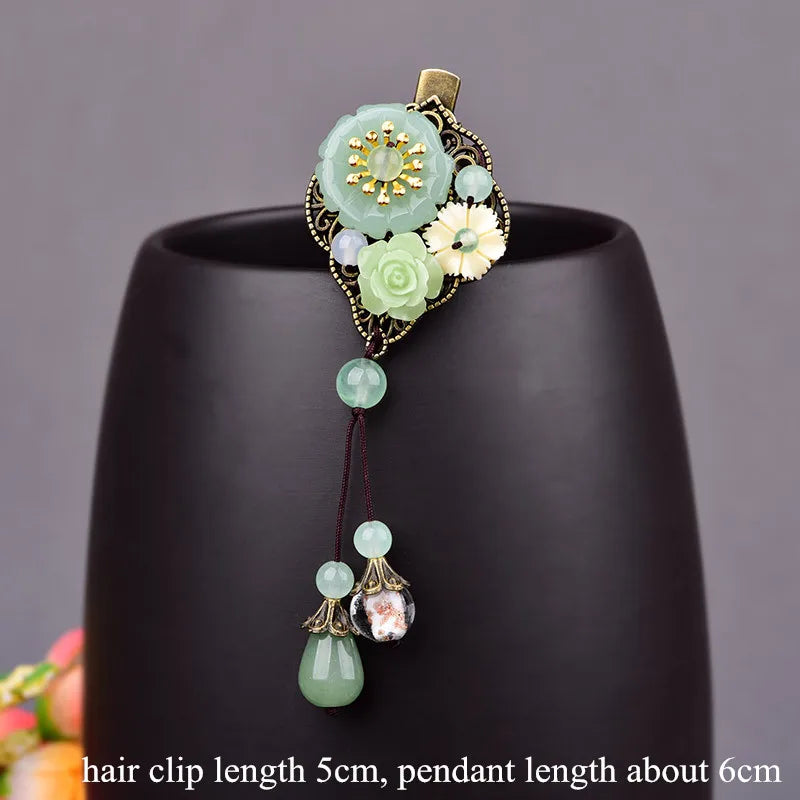Green Hair Clip Pin Aventurine Water Drop Pendant Resin Flower Hair Jewelry
