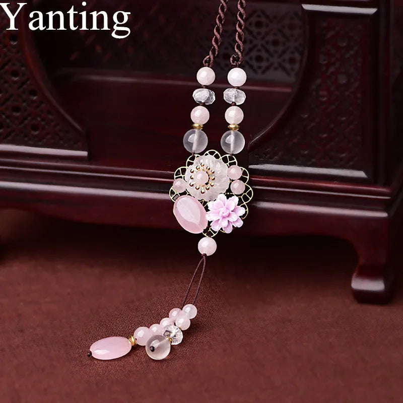 Natural Powder Crystal Pendant Necklace For Women - Ethnic Sweater Chain
