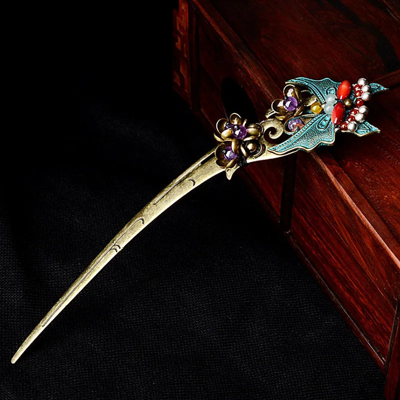 Yanting Purple Crystal Ethnic Hair Sticks Bronze Butterfly Hairpins