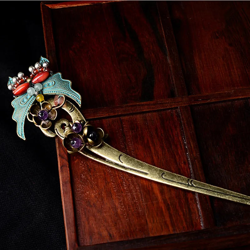 Yanting Purple Crystal Ethnic Hair Sticks Bronze Butterfly Hairpins