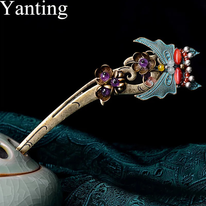 Yanting Purple Crystal Ethnic Hair Sticks Bronze Butterfly Hairpins