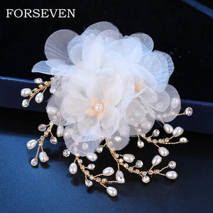 Yarn Flower Women Head Piece Bride Hair Clips Pearl Rhinestone Chain Head