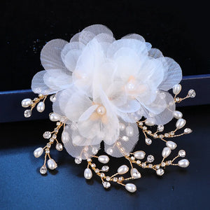 Yarn Flower Women Head Piece Bride Hair Clips Pearl Rhinestone Chain Head