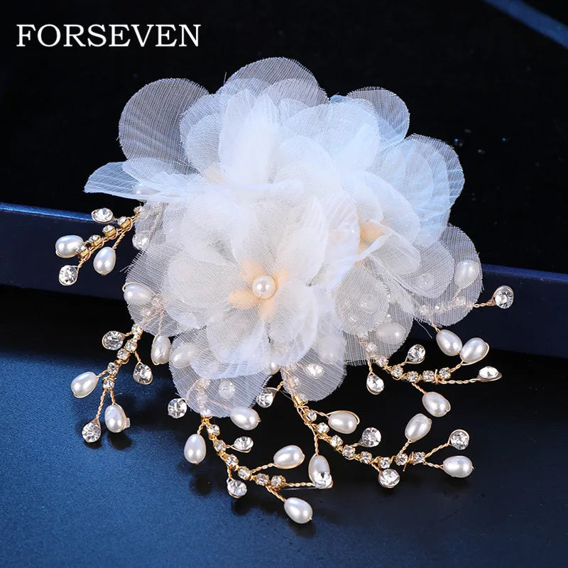 Yarn Flower Women Head Piece Bride Hair Clips Pearl Rhinestone Chain Head