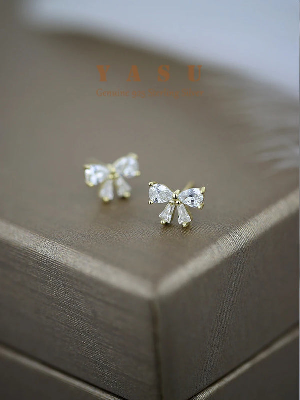 Yasu 925 Silver 14K Plated Crystal Diamond Bowknot Earrings