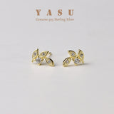 Yasu 925 Silver Leaf Stud Earrings 18K Plated with Crystal