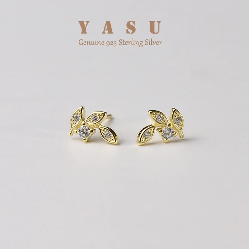 Yasu 925 Silver Leaf Stud Earrings 18K Plated with Crystal