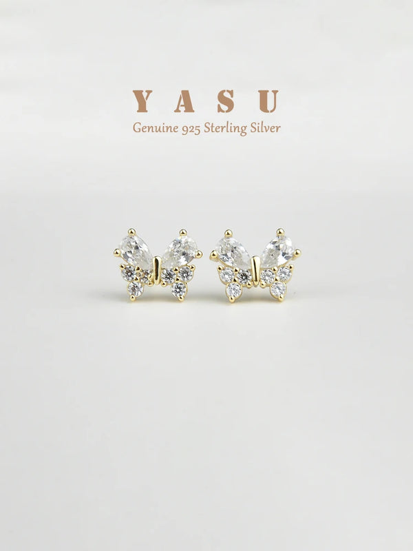 Yasu 925 Silver Diamond Butterfly Stud Earrings for Women
