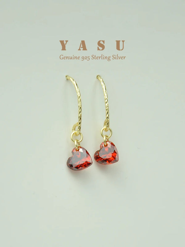 Yasu 925 Silver Earrings Crystal Ruby Heart Drop - 14k Plated