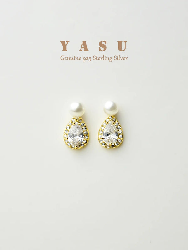 Yasu 925 Silver Crystal Pearl Drop Stud Earrings Wedding Jewelry