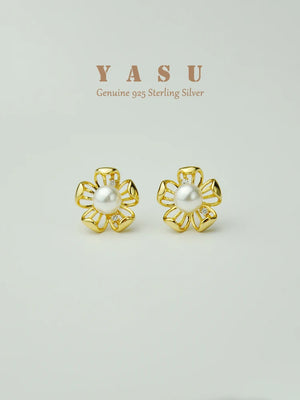 Yasu 925 Silver Flower Pearl Stud Earring 14k Plated