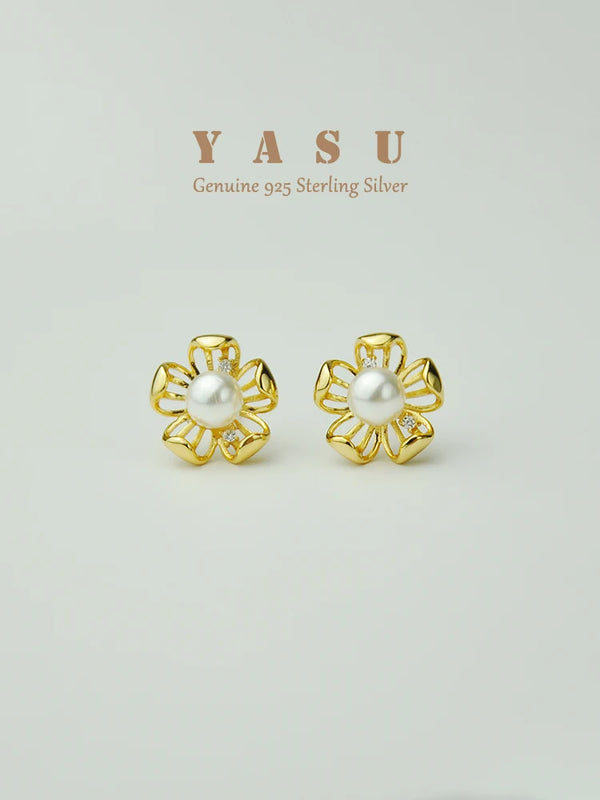 Yasu 925 Silver Flower Pearl Stud Earring 14k Plated