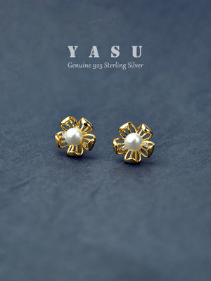 Yasu 925 Silver Flower Pearl Stud Earring 14k Plated