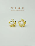 Yasu 925 Silver Flower Pearl Stud Earring 14k Plated