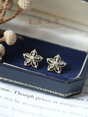 Yasu 925 Silver Japanese Crystal Flower Stud Earrings 14k Plated