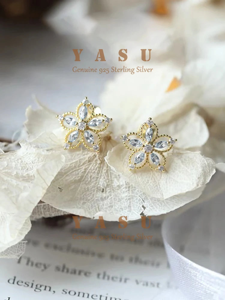 Yasu 925 Silver Japanese Crystal Flower Stud Earrings 14k Plated