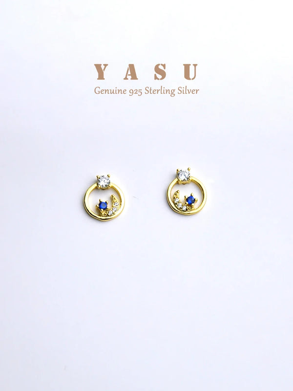 Yasu 925 Silver Sapphire Earrings Moonship Studs Sparkling Wedding Jewelry