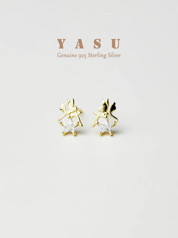 Yasu 925 Silver Star Stud Earrings Zirconia Party Jewelry
