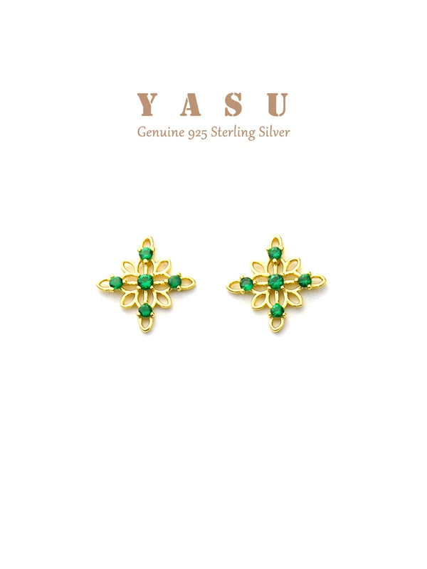 Yasu 925 Silver Emerald Studs 14K Plated Earrings Vintage Fine Jewelry
