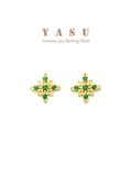Yasu 925 Silver Emerald Studs 14K Plated Earrings Vintage Fine Jewelry