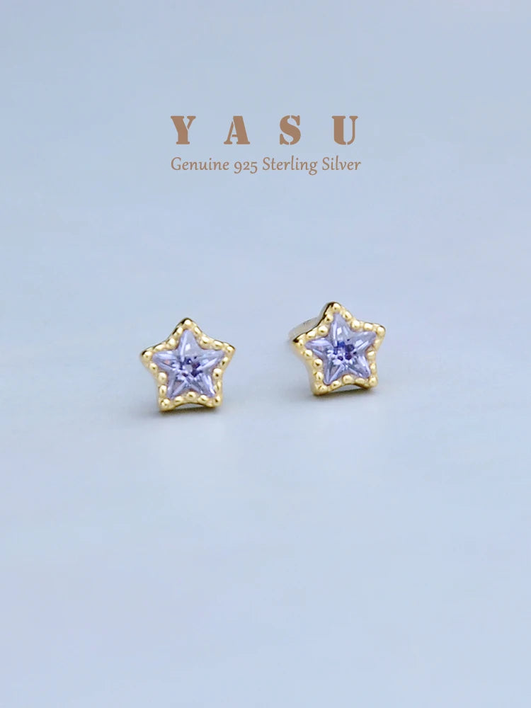 Yasu 925 Silver Star Stud Earrings Amethyst Pentagram