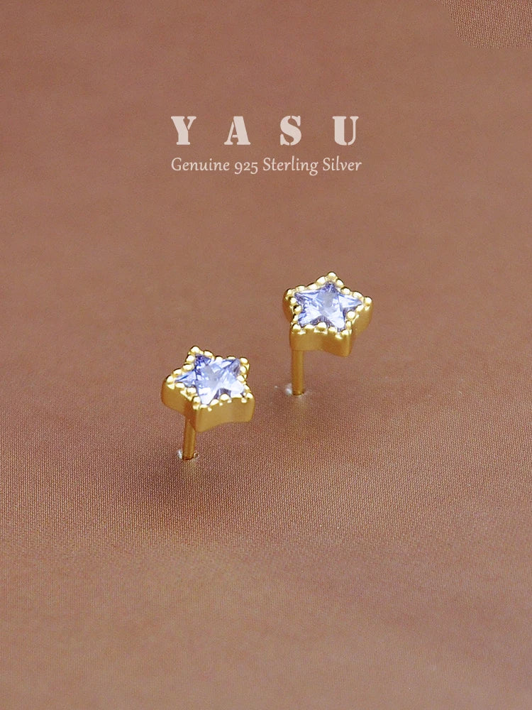 Yasu 925 Silver Star Stud Earrings Amethyst Pentagram