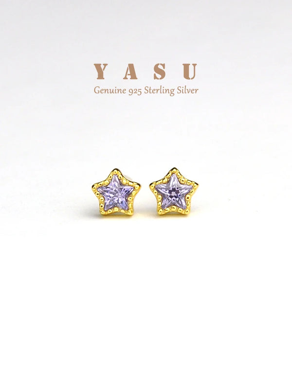 Yasu 925 Silver Star Stud Earrings Amethyst Pentagram