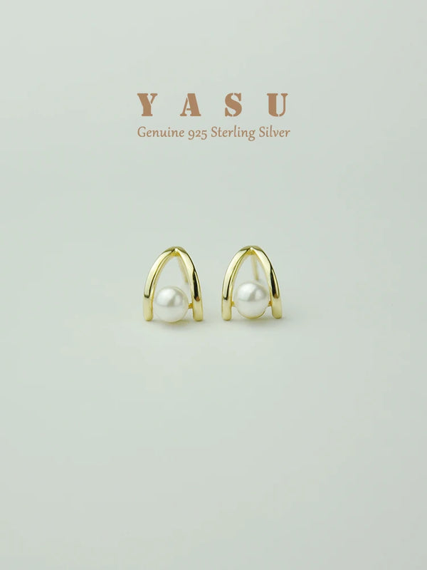 Yasu 925 Sterling Silver 14K Plated Pearl Stud Earrings for Women