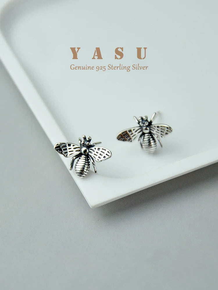 Yasu 925 Silver Bee Earrings Vintage Insect Studs Animal Party Jewelry