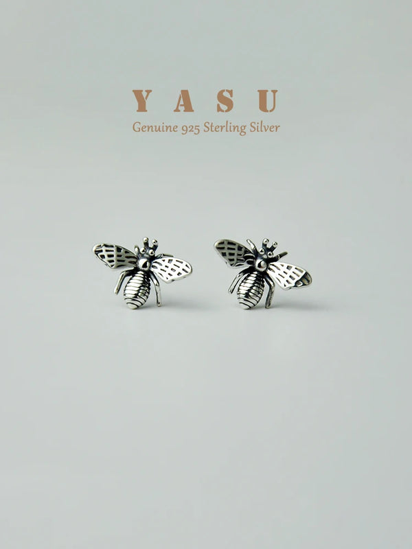 Yasu 925 Silver Bee Earrings Vintage Insect Studs Animal Party Jewelry