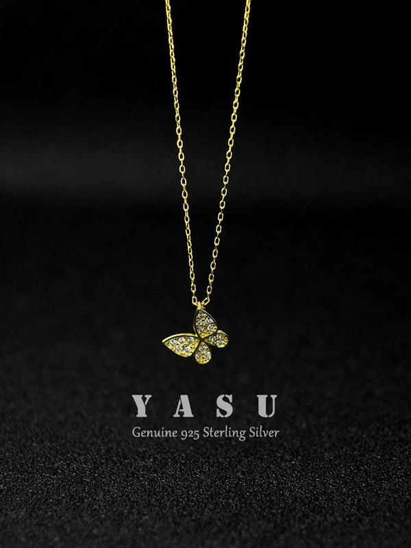 Yasu 925 Silver Butterfly Necklace Pendant Women Sparkling Clavicle Chain