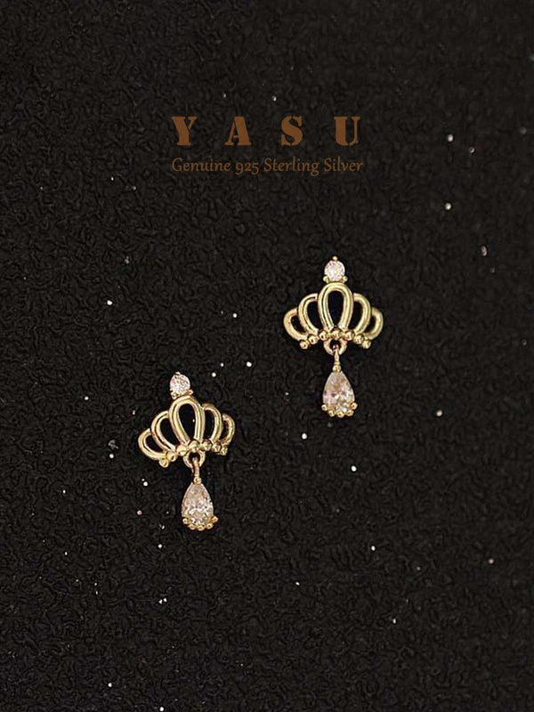 Yasu 925 Silver Princess Crown Drop Earrings for Women